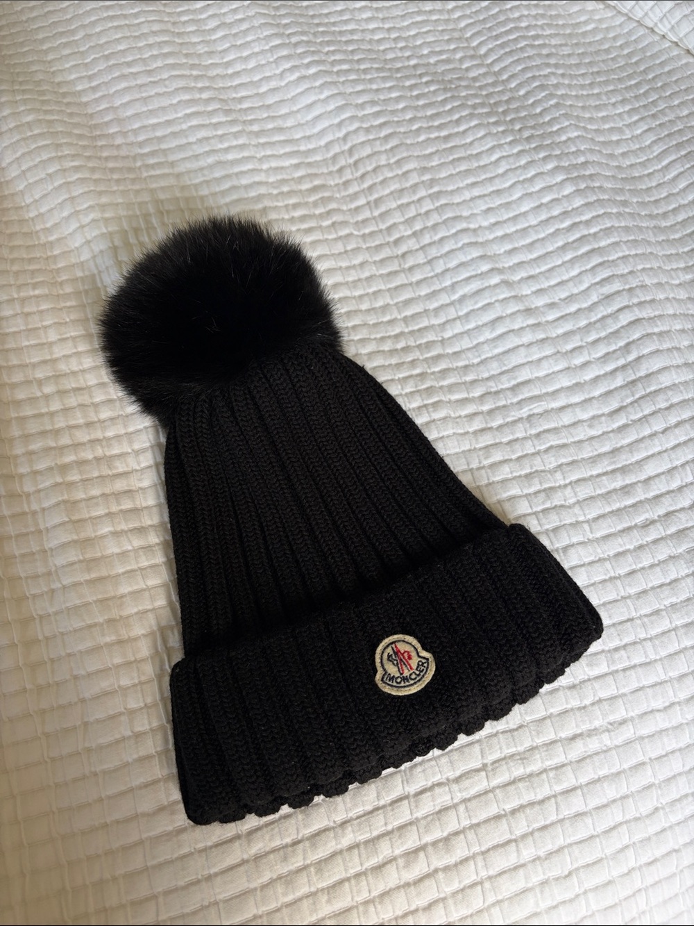 Moncler Black Ribbed Knit Beanie with Pom Pom